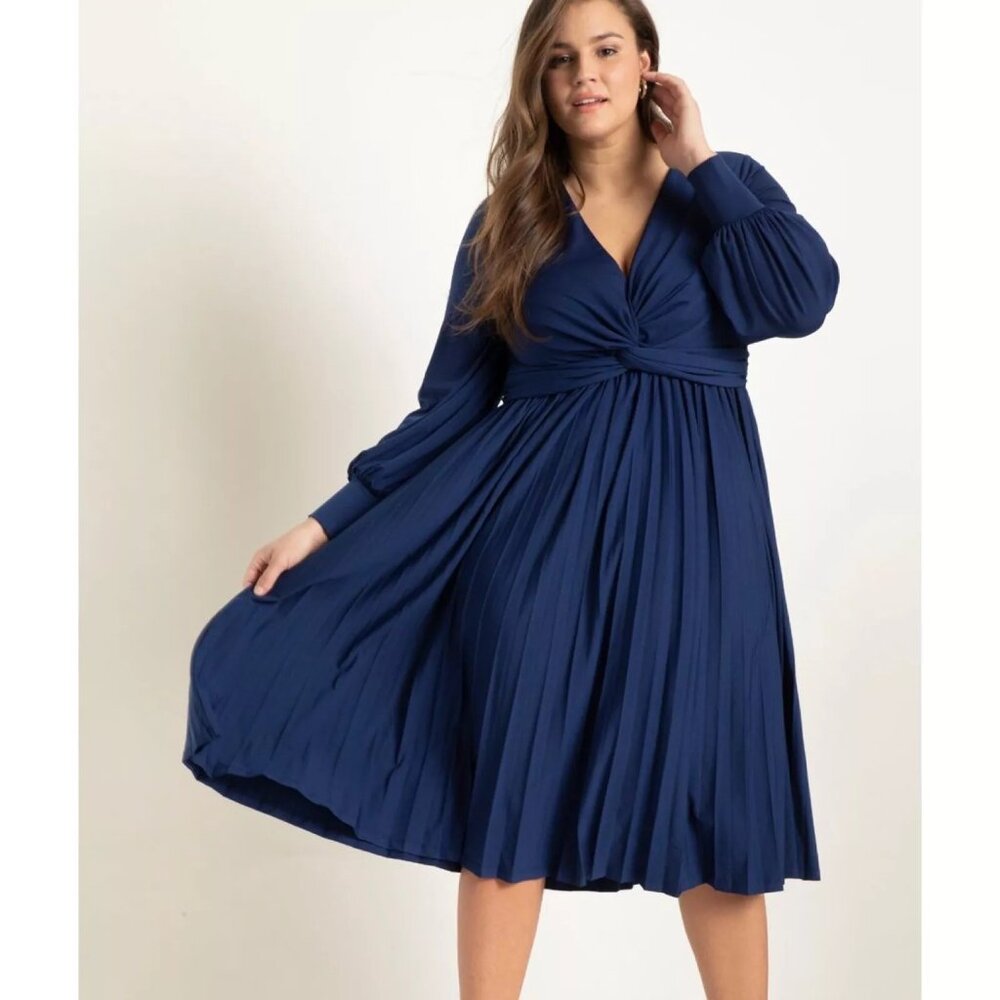Eloquii Women's Blue Twist Front Long Sleeve Dress Size 16 NWT 7242 Midi Pleat